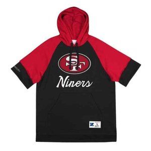 Men's 49ers Mitchell and Ness Short Sleeve Raglan Hoodie Black Red Size 3XL
